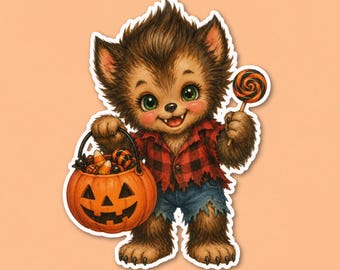 May include: A sticker featuring a brown furry werewolf creature with large green eyes, wearing a red and black plaid shirt and blue denim shorts. The creature holds an orange jack-o'-lantern candy bucket filled with treats and a swirl lollipop.