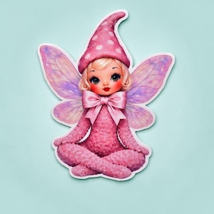 May include: A whimsical fairy illustration with a pink outfit, hat, and bow. The fairy has blonde hair, large eyes, and delicate purple and pink wings. The fairy is sitting cross-legged on a light blue background.