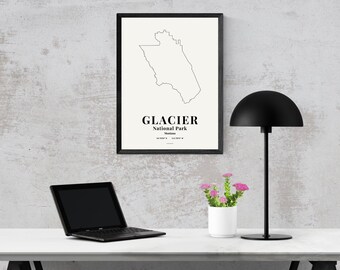 Mapa del Parque Nacional Glaciar, lámina minimalista para pared, póster de paisaje de Montana, decoración de lago de montaña, descarga digital.