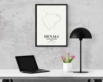 Mapa del Parque Nacional Denali, lámina minimalista para pared, póster de las montañas de Alaska, decoración moderna de paisajes, descarga digital.