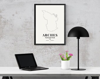 Lámina del Parque Nacional Arches, póster minimalista con mapa, arte mural de Utah, paisaje moderno, descarga digital.