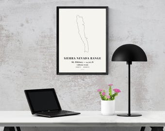 Mapa de la cordillera de Sierra Nevada, lámina minimalista para pared, póster de las montañas de California y Nevada, decoración moderna de paisajes, descarga digital.