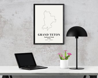 Mapa del Parque Nacional Grand Teton, lámina minimalista para pared, póster de las montañas de Wyoming, decoración moderna de paisajes, descarga digital.