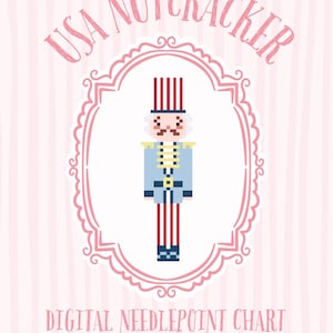 Puede incluir: Gráfico digital de punto de cruz con una ilustración pixelada de un cascanueces con uniforme azul y pantalones a rayas rojas y blancas. El texto "USA NUTCRACKER" está encima de la imagen, con "DIGITAL NEEDLEPOINT CHART 13 MESH" debajo.
