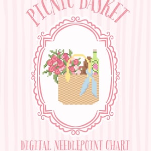 Pode incluir: Um gráfico digital de ponto de cruz com um design de cesta de piquenique. A imagem apresenta uma cesta de piquenique pixelizada cheia de flores, uma garrafa e outros itens, amarrada com uma fita azul. As palavras "PICNIC BASKET" e "DIGITAL NEEDLEPOINT CHART 13 MESH" são exibidas.