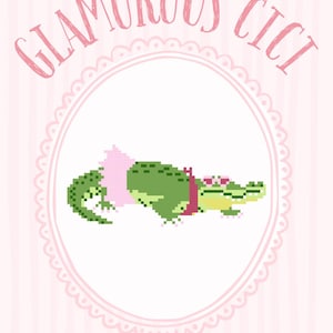 May include: A pixel art illustration of a green alligator wearing a pink tutu and heart-shaped glasses, centered within a scalloped oval frame on a light pink striped background. The text GLAMOROUS CICI is arched above, with GM in the corner.