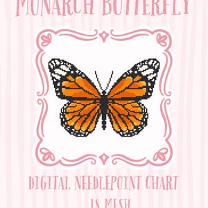 Op de afbeelding: Een digitaal kruissteekpatroon met een gepixelde Monarch-vlinder met oranje en zwarte vleugels, tegen een witte achtergrond in een roze kader. De tekst "MONARCH BUTTERFLY" en "DIGITAL NEEDLEPOINT CHART 18 MESH" is in roze.
