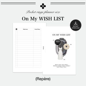 May include: A pocket rings planner insert titled On My WISH LIST featuring a lined table for items and a section with illustrations of a black container, a white scrunchie, and a white dress, plus categories like Beauty, Home, Tech, and Books.
