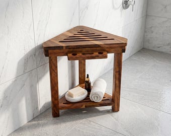 Taburete de ducha de esquina / Asiento de spa de madera de acacia Banco de baño acogedor con estante