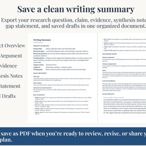 Peut inclure: Un document intitul&eacute; &laquo;&nbsp;Writing Summary&nbsp;&raquo; avec des points pour l'aper&ccedil;u du projet, l'argument principal, les preuves cl&eacute;s, les notes de synth&egrave;se, l'&eacute;nonc&eacute; des lacunes et les brouillons enregistr&eacute;s. Le texte encourage l'enregistrement en PDF.