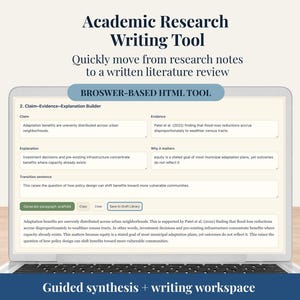May include: A laptop displaying an academic research writing tool. The screen shows a claim-evidence-explanation builder with text and a writing workspace. The tool is designed to help users quickly move from research notes to a written literature review.