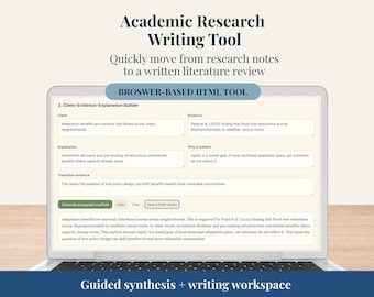 May include: A laptop displaying an academic research writing tool. The screen shows a claim-evidence-explanation builder with text and a writing workspace. The tool is designed to help users quickly move from research notes to a written literature review.