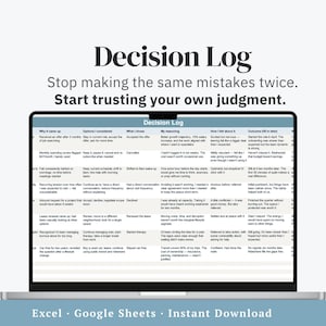 Peut inclure: Un écran d'ordinateur affichant un modèle de journal de décision avec des colonnes pour le contexte, les options, le choix, le raisonnement, le ressenti et le résultat. Le texte indique Decision Log, Stop making the same mistakes twice.