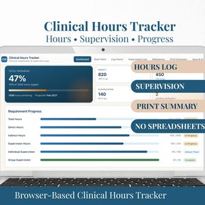 May include: A laptop screen displaying a "Clinical Hours Tracker" interface. The interface shows progress bars, numerical data, and labels such as "Hours Log," "Supervision," and "Print Summary." The text "Browser-Based Clinical Hours Tracker" is at the bottom.