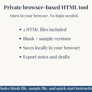Peut inclure: Graphique cr&egrave;me avec le texte "Private browser-based HTML tool". Des puces &eacute;num&egrave;rent les fonctionnalit&eacute;s : 2 fichiers HTML, versions vierges et exemples, enregistrement local et exportation de notes. La banni&egrave;re inf&eacute;rieure indique "Includes blank file, sample file, and quick start instructions."