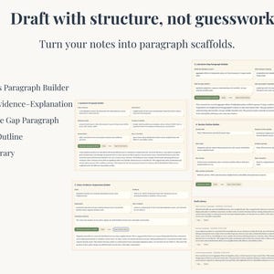 Peut inclure: Image d'un document num&eacute;rique avec le texte "Draft with structure, not guesswork" et "Turn your notes into paragraph scaffolds." Le document comprend des puces et plusieurs sections avec du texte et des tableaux.