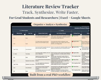 May include: A laptop screen displays a Literature Review Tracker, designed for grad students and researchers. The interface is organized with columns for methodology, data type, sample, and key findings. Text on the screen includes "Track. Synthesize. Write Faster."