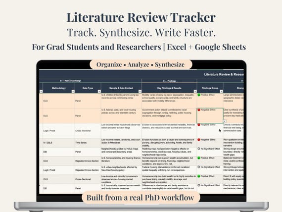 Literature Review Tracker for PhD Students, Dissertation Research Organizer, Excel + Google Sheets, Thesis Synthesis Planner, Gap Analysis