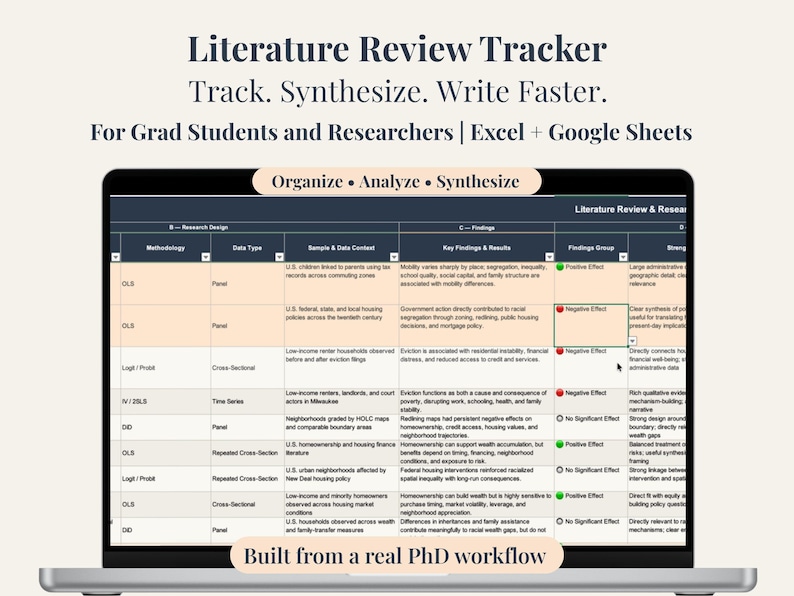 Literature review tracker for PhD students — Excel workbook displayed on laptop showing master tracker with source findings, methodology, and citation status columns.