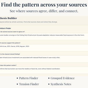 Peut inclure: Une page web intitul&eacute;e &laquo;&nbsp;Trouvez le sch&eacute;ma dans vos sources&nbsp;&raquo;. La page comprend une section &laquo;&nbsp;Synthesis Builder&nbsp;&raquo; et une section &laquo;&nbsp;A. Pattern Finder&nbsp;&raquo;. Le texte d&eacute;crit comment trouver des sch&eacute;mas dans les donn&eacute;es.