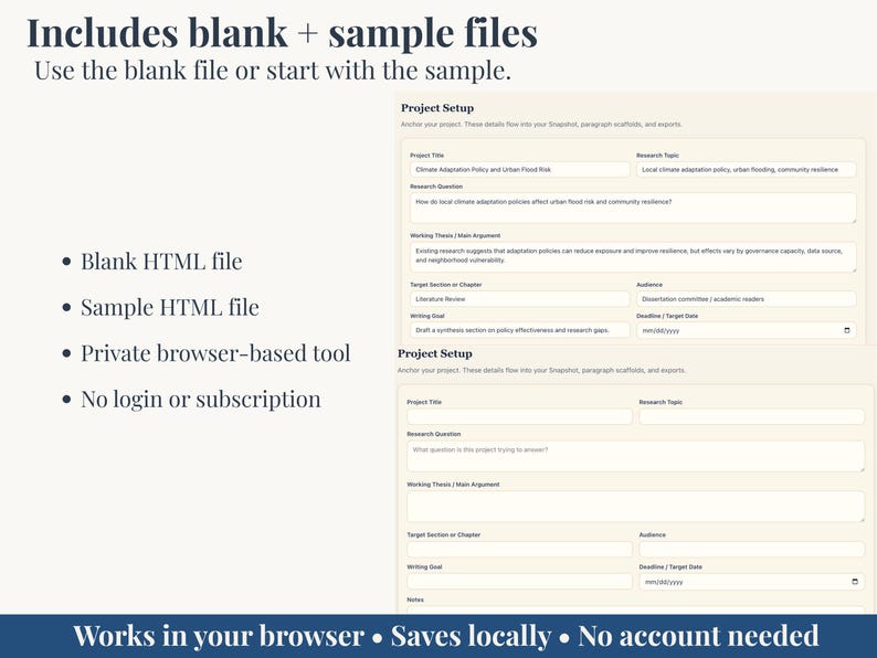 Peut inclure: Capture d'&eacute;cran d'une page web avec le texte "Includes blank + sample files." La page pr&eacute;sente des formulaires &agrave; remplir pour la configuration du projet, avec des sections pour le titre du projet, les questions de recherche et la th&egrave;se de travail. La page indique &eacute;galement "Works in your browser. Saves locally. No account needed."