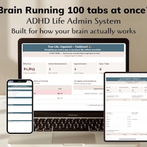 Op de afbeelding: Een laptop, smartphone en tablet met een digitaal dashboard met de tekst "Brain Running 100 tabs at once? ADHD Life Admin System." Het dashboard toont financiële en planningsinformatie.