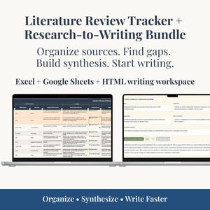 PhD Literature Review + Writing System, Excel Research Tracker + Dissertation Writing Tool, Synthesis Builder + Gap Analysis, Google Sheets