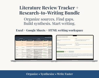PhD Literature Review + Writing System, Excel Research Tracker + Dissertation Writing Tool, Synthesis Builder + Gap Analysis, Google Sheets