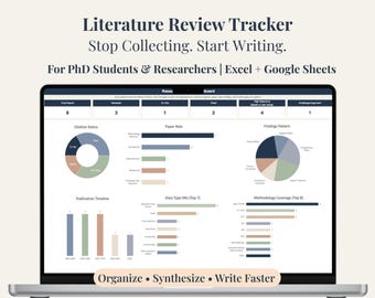 Peut inclure: Un écran d'ordinateur portable affichant un suivi de revue de littérature avec des graphiques. Le texte à l'écran indique : "Literature Review Tracker, Stop Collecting. Start Writing. For PhD Students & Researchers | Excel + Google Sheets."