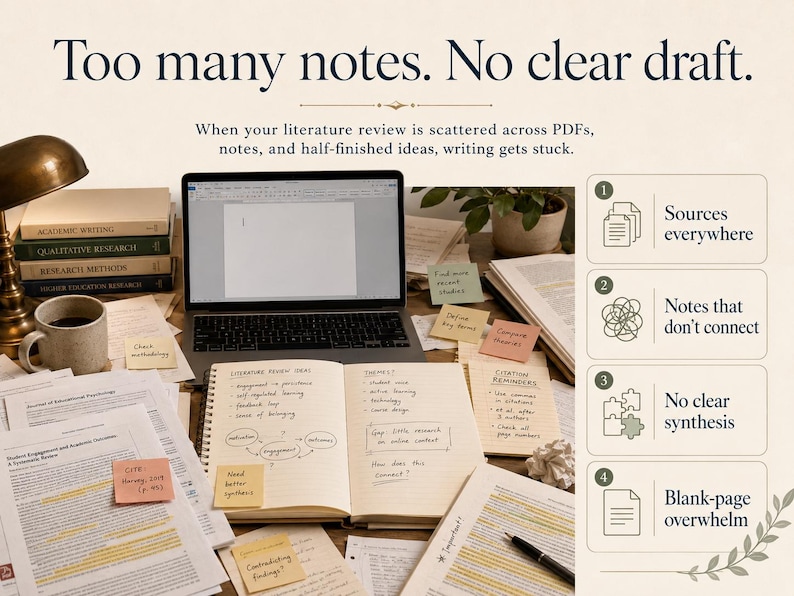 Peut inclure: Un bureau encombr&eacute; avec un ordinateur portable, des livres et des papiers. Le texte indique &laquo;&nbsp;Trop de notes. Pas de brouillon clair&nbsp;&raquo; et &laquo;&nbsp;Lorsque votre revue de litt&eacute;rature est dispers&eacute;e dans des PDF, des notes et des id&eacute;es inachev&eacute;es, l'&eacute;criture est bloqu&eacute;e&nbsp;&raquo;.