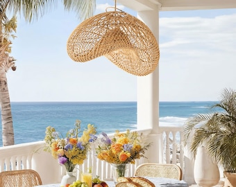 Outdoor Sepherina Rattan Pendant Light - Handwoven Sculptural Shell Shape Weatherproof Coastal Ceiling Light, Artisan Natural Lampshade