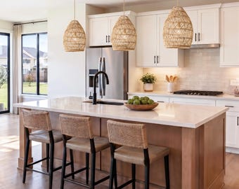 Callie Rattan Pendant Light — Handwoven Tall Egg Shape Kitchen Island Light, Artisan Natural Lampshade