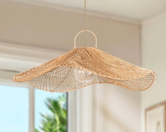 Lotus Rattan Pendant Light — Handwoven Flat Wave Shape Boho Dining Room Ceiling Light, Artisan Natural Lampshade