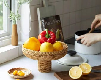 Zahara Round Rattan Tray - Natural Wicker Serving Platter Boho Home Decor Storage Organizer