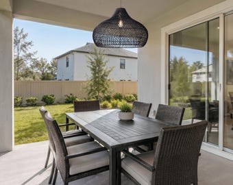 Outdoor Kloe Black Rattan Pendant Light — Black Onion Shape Weatherproof Patio Ceiling Light, Artisan Handwoven Lampshade