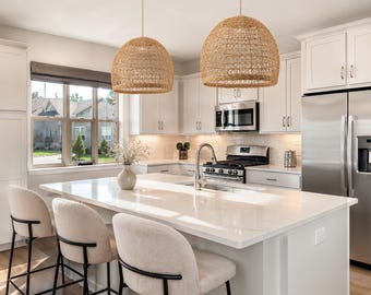 Lumiere Rattan Pendant Light —Handwoven Dome Shape Boho Kitchen Island Light, Artisan Natural Lampshade