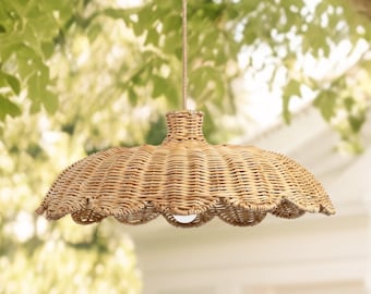 Outdoor Aurelia Rattan Pendant Light — Scalloped Edge Weatherproof Poolside Kitchen Island Light, Artisan Natural Lampshade