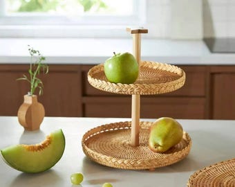 Jules 2-Tier Wood Rattan Serving Tray - Boho Kitchen Storage Display Stand Organizer