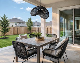 Outdoor Sepherina Black Rattan Pendant Light — Black Sculptural Shell Shape Weatherproof Patio Ceiling Light, Artisan Natural Lampshade