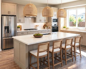 Lumiere Rattan Pendant Light —Handwoven Dome Shape Boho Kitchen Island Light, Artisan Natural Lampshade
