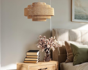 Handwoven Dazzle Rattan Pendant Light — Stacked Tiered Drum Boho Bedroom Ceiling Light, Artisan Natural Lampshade