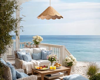 Outdoor Daisy Rattan Pendant Light — Handwoven Scalloped Cone Coastal Weatherproof Porch Ceiling Light, Artisan Natural Lampshade