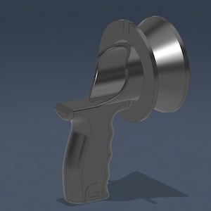 May include: A gray, 3D-rendered object with a handle and a circular component. The handle has a curved design for gripping, and the circular part has a flared, cone-like shape. The object is set against a dark blue background.