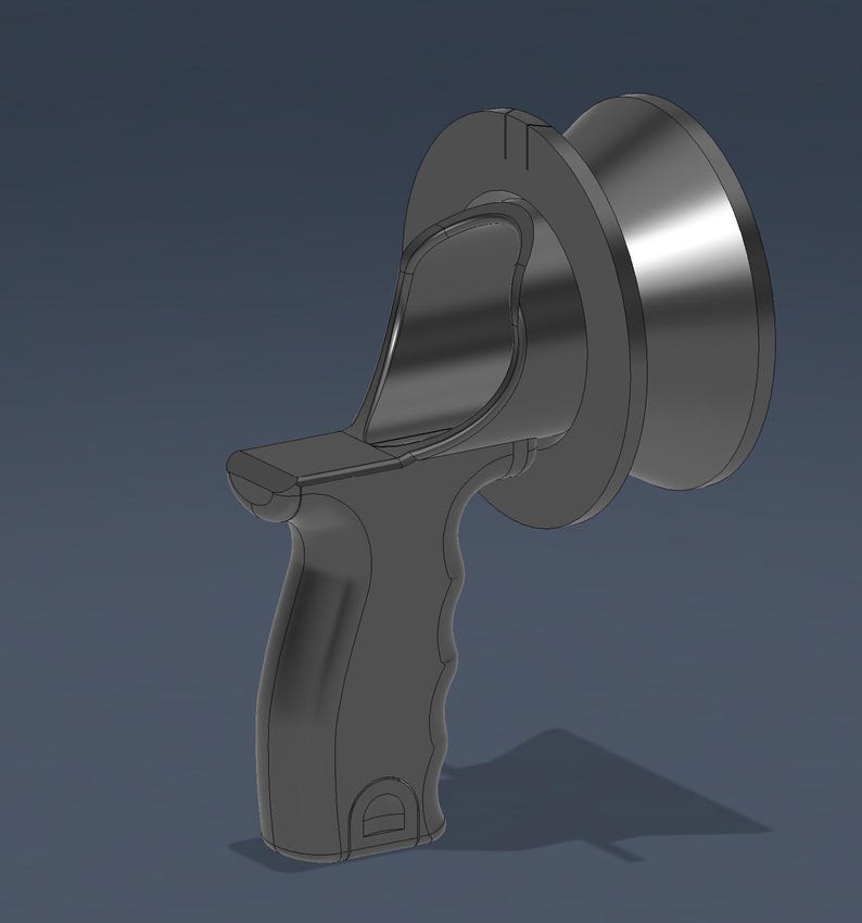 May include: A gray, 3D-rendered object with a handle and a circular component. The handle has a curved design for gripping, and the circular part has a flared, cone-like shape. The object is set against a dark blue background.