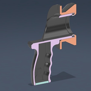May include: A cross-section view of a black, ergonomic handle with a trigger mechanism. The handle features a contoured grip and is accented with orange and purple details. The design suggests a tool or device.