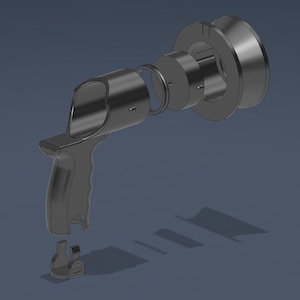 May include: An exploded view of a black spray gun, showing its various components. The handle is ergonomically designed, and the nozzle is detached, revealing the internal parts. The components are arranged against a dark blue background.