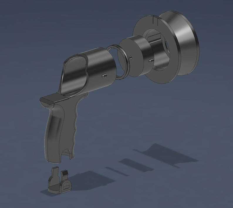 May include: An exploded view of a black spray gun, showing its various components. The handle is ergonomically designed, and the nozzle is detached, revealing the internal parts. The components are arranged against a dark blue background.