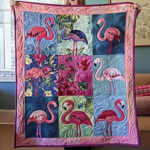 Flamingo Patchwork Quilt Blanket: Tropical Floral Cottagecore Bedding Throw