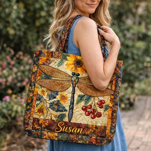 Personalisierte Libelle gesteppte Einkaufstasche, Herbst-Blumen-Patchwork Carryall