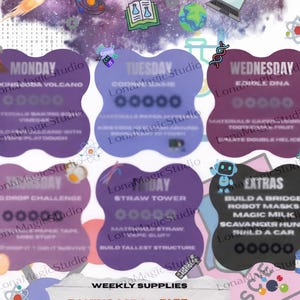 May include: A colorful STEM/Science weekly activity chart with the text "Week 5". The chart includes daily activity themes like "Volcano" and "Edible DNA", plus a list of weekly supplies such as baking soda and tape.